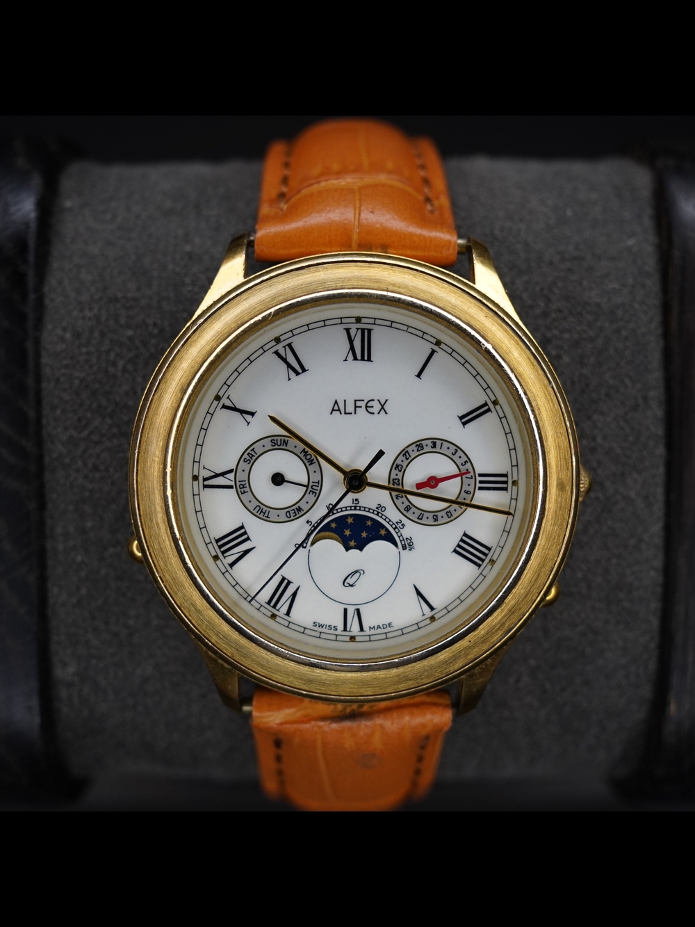 Alfex 4541 Swiss Made Moonphase Triple Calendar White Dial Gold Tone Men's Watch